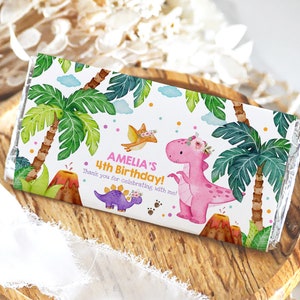 Dinosaur Candy Bar Wrappers Girl 1st Birthday Decor Cute Dino Party Chocolate Wrapper Jungle Animals Wild Stomp Chomp Roar Printable BT16P