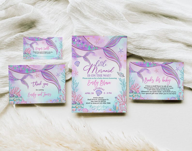 Inbjudningspaket för sjöjungfrubabyshower under havet Inbjudningsset Lilla sjöjungfrun Rosa lila kricka Nyckfullt hav Havsströssel REDIGERBART BS37V bild 2