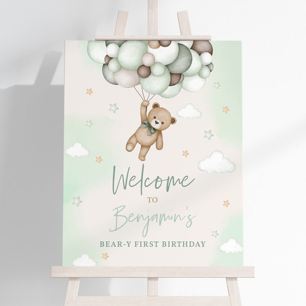 Teddy Bear Birthday Welcome Sign Sage Green Pampas Grass Front Yard Sign Boho Bear Hot Air Balloons Poster EDITABLE Party Template BT81G