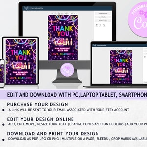 May include: Editable thank you card template for a bowling party. The card features a neon pink, blue, and purple design with a bowling ball and pins. The text on the card reads "Thank You for Bowling with Me! Love, Charlotte".
