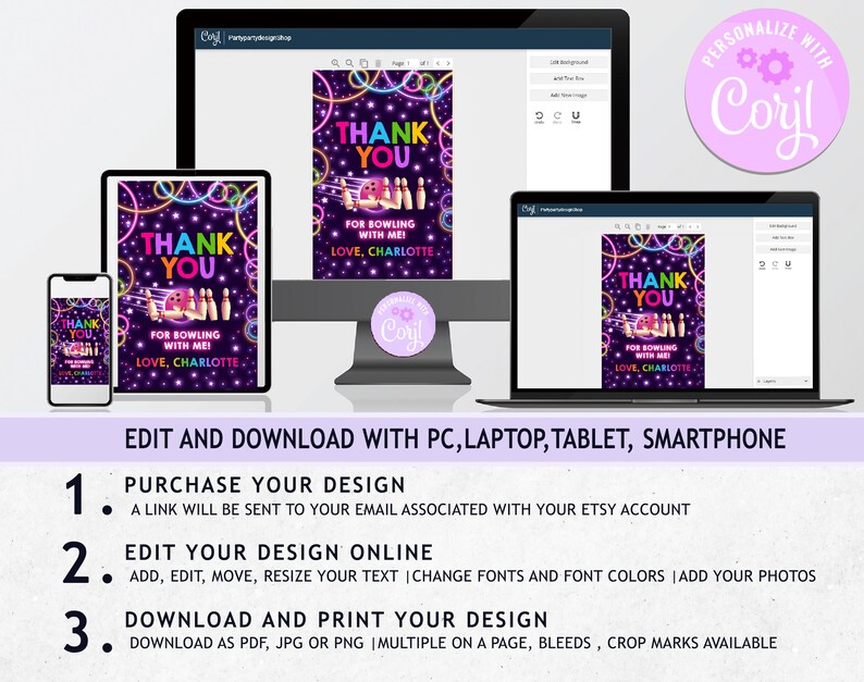 May include: Editable thank you card template for a bowling party. The card features a neon pink, blue, and purple design with a bowling ball and pins. The text on the card reads "Thank You for Bowling with Me! Love, Charlotte".