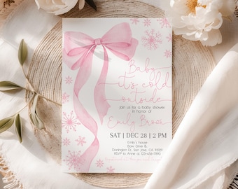 Pink Bow Snowflake Baby Shower Invitation, Baby Its Cold Outside Invite, Winter Wonderland, Christmas Girl Coquette Ribbon EDITABLE AS71P
