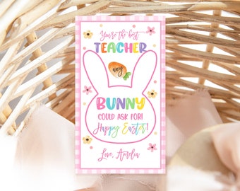 May include: Pink and white gingham card with a bunny illustration and the text "You're the best TEACHER any BUNNY could ask for! Happy Easter! Love, Amelia."