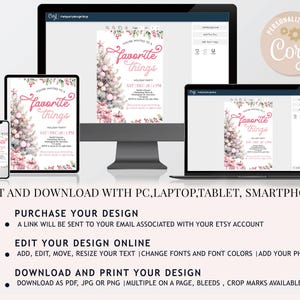 Pu&ograve; includere: Un design di invito digitale visualizzato su vari dispositivi: computer, laptop, tablet e smartphone. L'invito presenta un albero di Natale con ornamenti rosa e il testo "Favorite Things". Il design &egrave; modificabile e scaricabile.