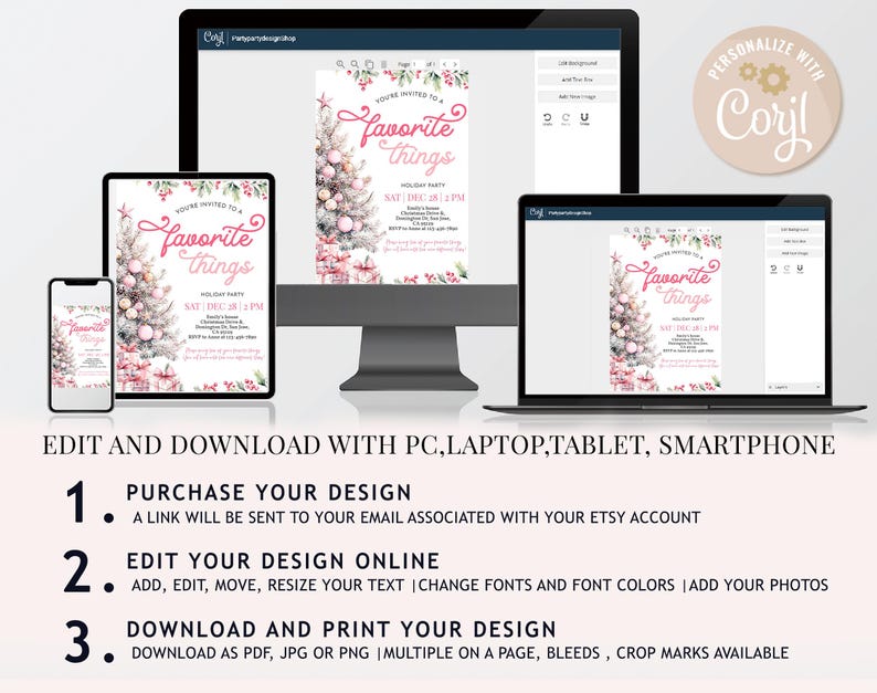 Pu&ograve; includere: Un design di invito digitale visualizzato su vari dispositivi: computer, laptop, tablet e smartphone. L'invito presenta un albero di Natale con ornamenti rosa e il testo "Favorite Things". Il design &egrave; modificabile e scaricabile.