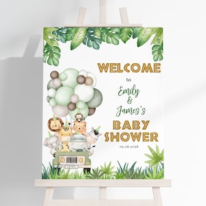 Safari Baby Shower Willkommensschild Gold Wild One Dschungel Gender Neutral Party Poster Zoo Tiere Hof Veranda Haustür EDITIERBARE Vorlage BS47G