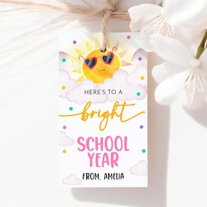 Back to School Gift Tags Here&#39;s to a Bright School Year Favor Tag First Day of School Sun Sunglasses Teacher Student Class Printable SU03P