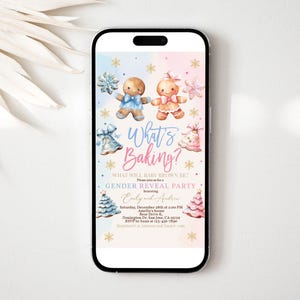 May include: A gender reveal party invitation with a gingerbread cookie theme. The invitation features two gingerbread cookies, one blue and one pink, with the text "What's Baking?" and "Gender Reveal Party".