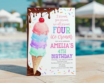 May include: A colorful invitation for a fourth birthday party. The design features a tall ice cream cone with multiple scoops in pink, blue, purple, and green, topped with a cherry. The text reads "I scream, you scream, we all scream FOUR ice cream" and includes party details.