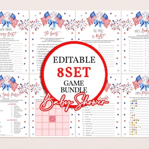 May include: A set of eight printable baby shower game cards featuring a patriotic theme with red, white, and blue American flags, fireworks, and stars. The cards include titles like Who Knows Mommy Best, Find the Guest, The Price is Right, and ABC's Baby Game.