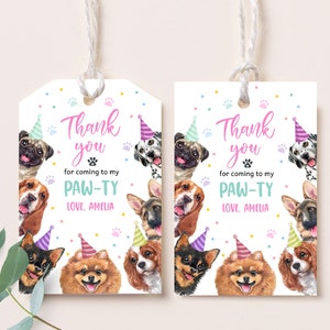 Etiquetas de regalo para perro, decoración para el primer cumpleaños de niña, etiquetas de regalo con diseño de cachorro rosa, etiquetas de agradecimiento para fiestas de adopción de mascotas, etiquetas imprimibles BT51P