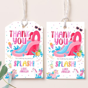 May include: Thank you tags with a pink and blue inflatable water slide, ice cream cones, and a unicorn. The text reads "Thank you for making my party a splash! Love, Amelia."