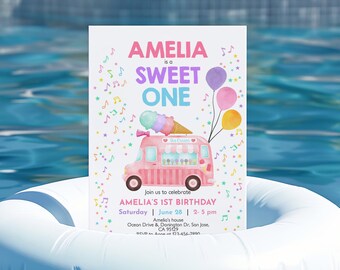 May include: A pink and white ice cream truck with a blue and white ice cream cone on top. The truck has the words "Ice Cream" written on the side. The truck is surrounded by colorful musical notes and stars. The text "Amelia is a Sweet One" is at the top of the invitation. The invitation also includes the text "Join us to celebrate Amelia's 1st Birthday" and the date and time of the party.