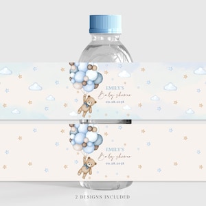 Etiqueta para botella de agua con forma de osito de peluche. Podemos esperar, decoración para fiesta de baby shower de niño, globos aerostáticos de hierba de pampa azul, etiqueta para bebida imprimible BS21B
