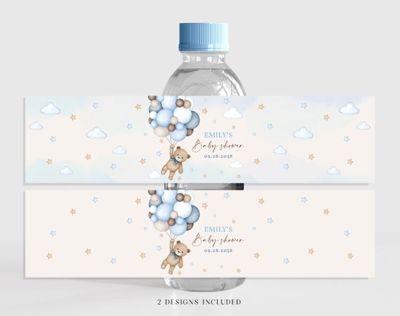 Teddy Bear Water Bottle Label We Can Bearly Wait Boy Baby Shower Party Decor Blue Pampas Grass Hot Air Balloons Drink Label Printable BS21B