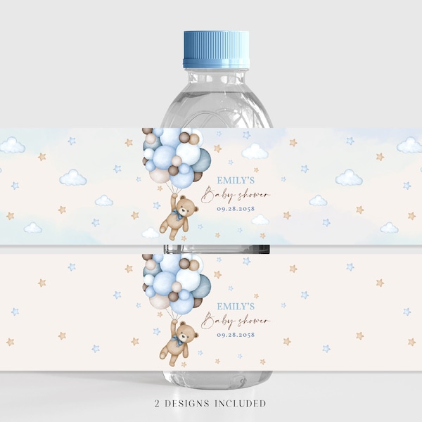 Étiquette de bouteille d'eau ours en peluche, étiquette de boisson pour baby shower, sexe, décoration de fête, autocollant imperméable bleu pour des faveurs, modèle MODIFIABLE BS21B