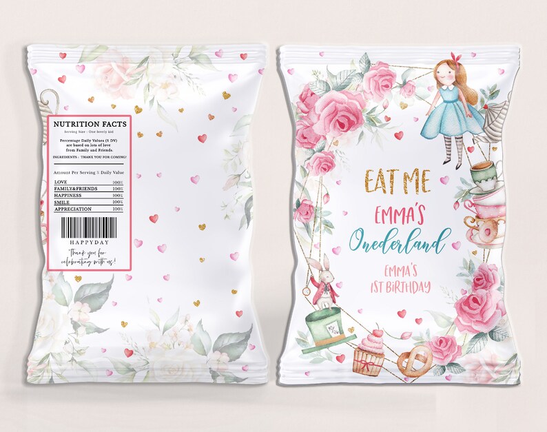 Alice in Wonderland Chip Bag Labels Alice in Onederland Girl First ...