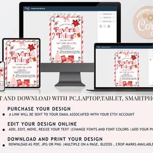 May include: A digital invitation design for a holiday party, displayed on various devices including a phone, tablet, and computer. The invitation features a red and white candy cane border, with the text "Favorite Things" and event details.