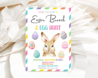 Osterbrunch Einladung Eiersuche Pastell Osterhase Kaninchen Frühling Sonntag Mittagessen Kirche Abendessen Bunt Printable Template HL24P
