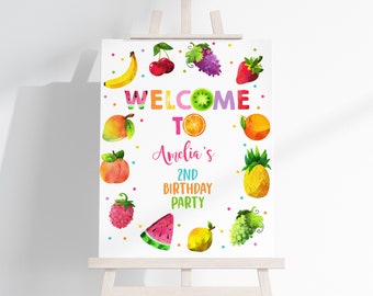 Twotti Frutti Welcome Sign Girl 2nd Second Birthday Poster Tropical Summer Party Porch Sign Fruit Two-tti Fruity EDITABLE BT62