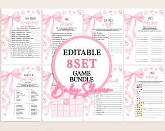 May include: A collection of eight printable baby shower games, featuring a pink floral and bow design. The games include "Who Knows Mommy Best?", "Find the Guest", "The Price is Right", and "ABC's Baby Game". The text "EDITABLE 8 SET GAME BUNDLE Baby Shower" is also visible.
