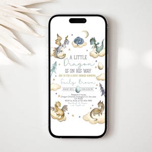 May include: A baby shower invitation with a blue and green dragon design. The invitation says "A Little Dragon Is On His Way" and includes details for the event, including the date, time, location, and RSVP information.