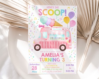 Ice Cream Truck Birthday Invitation Girl 1st Birthday Party Invite Any Age Two Sweet One Here's the Scoop Summer Pink Cone EDITABLE BT69P