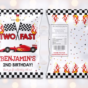 Race Car Chip Bag Racing Car Treat Bag Two Fast Birthday Party Favors Snack Wrapper Gift Label Decor EDITABLE Template BTD023
