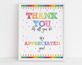 Teacher Appreciation Poster Printable Staff Appreciation Sign Thank You Teacher Gift Ideas School Wall Art Decor Pastel Rainbow Pencil HL43