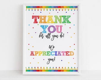 Póster imprimible de agradecimiento a los profesores, letrero de agradecimiento al personal, ideas de regalo para profesores, decoración de pared escolar, lápiz arcoíris pastel HL43