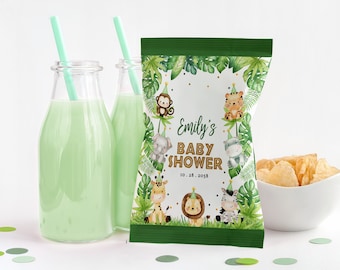Safari Baby Shower Chip Bag Label Boy Jungle Gender Neutral Party Decor Wild One Zootiere grün gold Knabberbeutel Printable BS47G