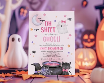 May include: A pink and purple baby shower invitation with a ghost and a witch's cauldron. The text reads "Oh Sheet, we're having a Ghoul!" and includes details for the event, including the date, time, location, and RSVP information.