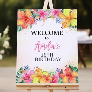 Luau Birthday Welcome Sign Tropical Birthday Poster Aloha Summer Party Decor Hawaiian Tiki Pink Floral Hibiscus Porch Sign EDITABLE AT02P