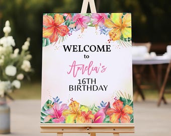 Luau Birthday Welcome Sign Tropical Birthday Poster Aloha Summer Party Decor Hawaiian Tiki Pink Floral Hibiscus Porch Sign EDITABLE AT02P