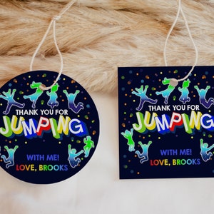 Sprung Geschenkanhänger Junge Geburtstagsparty Danke Aufkleber Trampolin Park Favor Tag Springen Kreis Label Hüpfburg Printable Vorlage BTD034