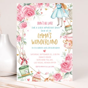 Alice in Wonderland Invitation Alice in Onederland Girl First Birthday Invite Mad Hatter Tea Party Pink Gold Floral EDITABLE Template BT11P