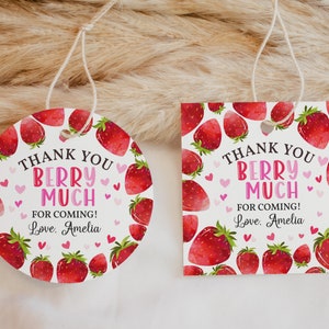 Etichette per bomboniere a forma di fragola per baby shower, etichette regalo per il primo compleanno a forma di bacche, etichette di ringraziamento a forma di bacche, etichette di frutta estiva stampabili BS16P BT37P