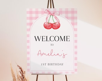 Cherry Birthday Welcome Sign Coquette Girl First Birthday Party Decor Cherry on Top Poster Red Pink Bow Cherries Sweet Porch EDITABLE AT34P
