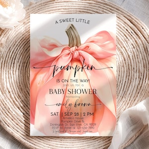 Little Pumpkin Baby Shower Invitation Watercolor Pink Pumpkin Bow Baby Shower Invite Orange Ribbon Girl Autumn Fall Party EDITABLE AS64P