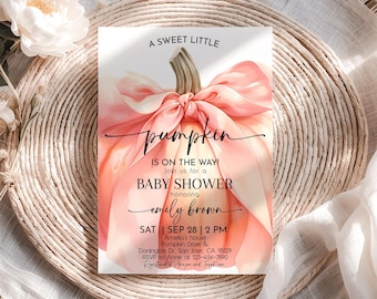 Kleine Kürbis-Babyparty-Einladung Aquarell Rosa Kürbis Bogen-Babyparty-Einladung Orange Band Mädchen Herbst-Fall-Party EDITIERBARE AS64P