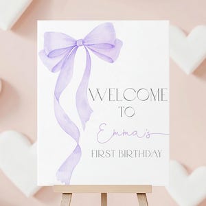 Purple Bow Welcome Sign Coquette Girl Birthday Poster Soft Pastel Violet Watercolor Lavender Ribbon Party Decor Elegant Porch EDITABLE AT63V