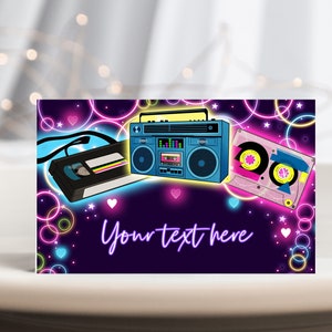 Tentes de nourriture de fête des années 90, décoration de 40e anniversaire, dos rétro des années 80, étiquettes de nourriture des années 90, danse disco néon phosphorescente, marque-place imprimable hip-hop BT49
