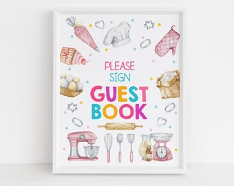 Könnte beinhalten: Ein weißes Schild mit der Aufschrift 'Bitte Gästebuch unterschreiben' in Rosa, Blau und Gelb. Das Schild ist mit Aquarell-Illustrationen von Backutensilien verziert, darunter ein Mixer, ein Nudelholz, Messbecher und eine Kochmütze.