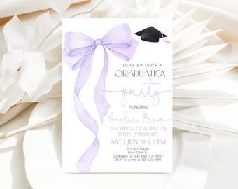Purple Bow Graduation Party Invitation College Grad Party Invite Coquette Violet Ribbon Class of 2026 Graduate Announcement EDITABLE HL94V