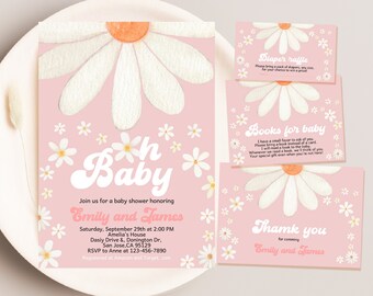 May include: Pink baby shower invitation featuring a daisy design. The invitation reads "Oh Baby" and includes the names "Emily and James".