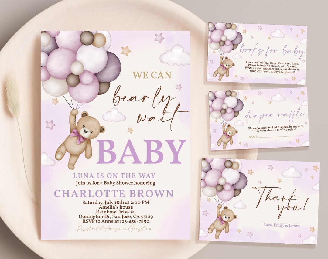 Teddy Bear Baby Shower Invitation Bundle We Can Bearly Wait Girl Baby ...