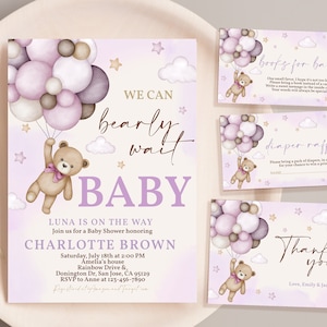 Teddy Bear Baby Shower Invitation Bundle We Can Bearly Wait Girl Baby Shower Invite Set Purple Violet Lilac Hot Air Balloons EDITABLE BS21V