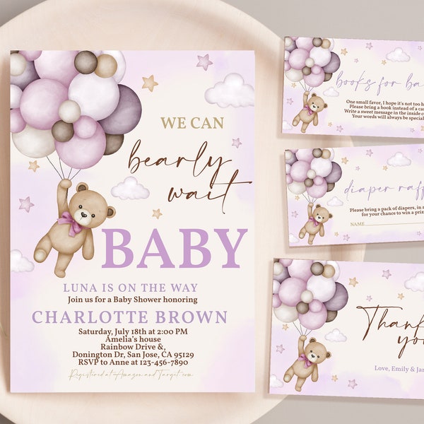 We Can Bearly Wait Baby Shower Invitation Bundle Cute Purple Teddy Bear Suite Package Woodlands Animal Balloons Set EDITABLE Template BS21V