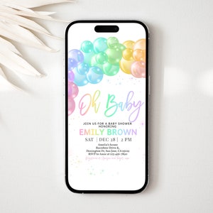 以下が含まれることがあります： レインボーのペールトーンの風船と「Oh Baby」と「Emily Brown」のテキストが書かれたベビーシャワーのデジタル招待状。招待状には、イベントの日時と場所が記載されています。