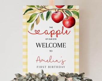Letrero de bienvenida de cumpleaños de manzana, póster "La niña de nuestros ojos", decoración para fiesta de primer cumpleaños de niña, recolección de manzanas de otoño, rojo y amarillo, porche, EDITABLE AT33Y